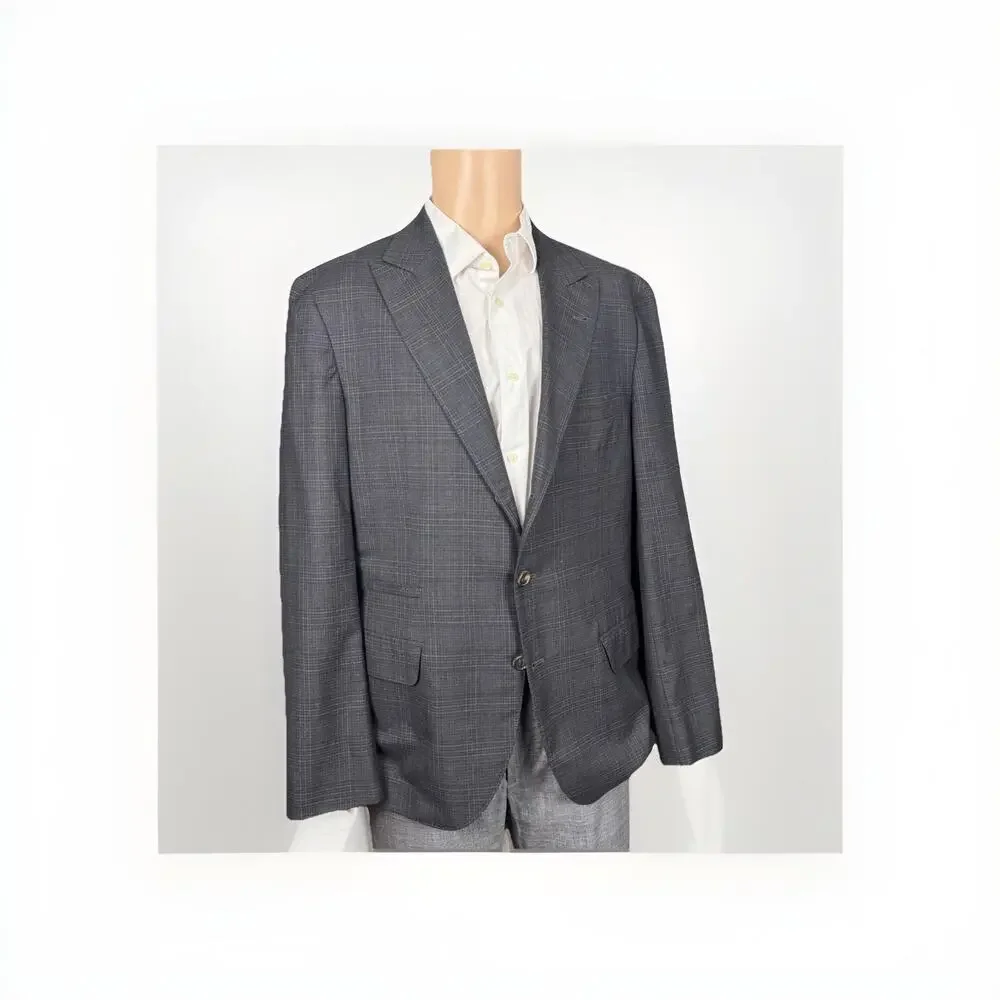 Brunello Cucinelli Charcoal Gray Plaid Peak Lapel Blazer Sportcoat Jacket 54/44